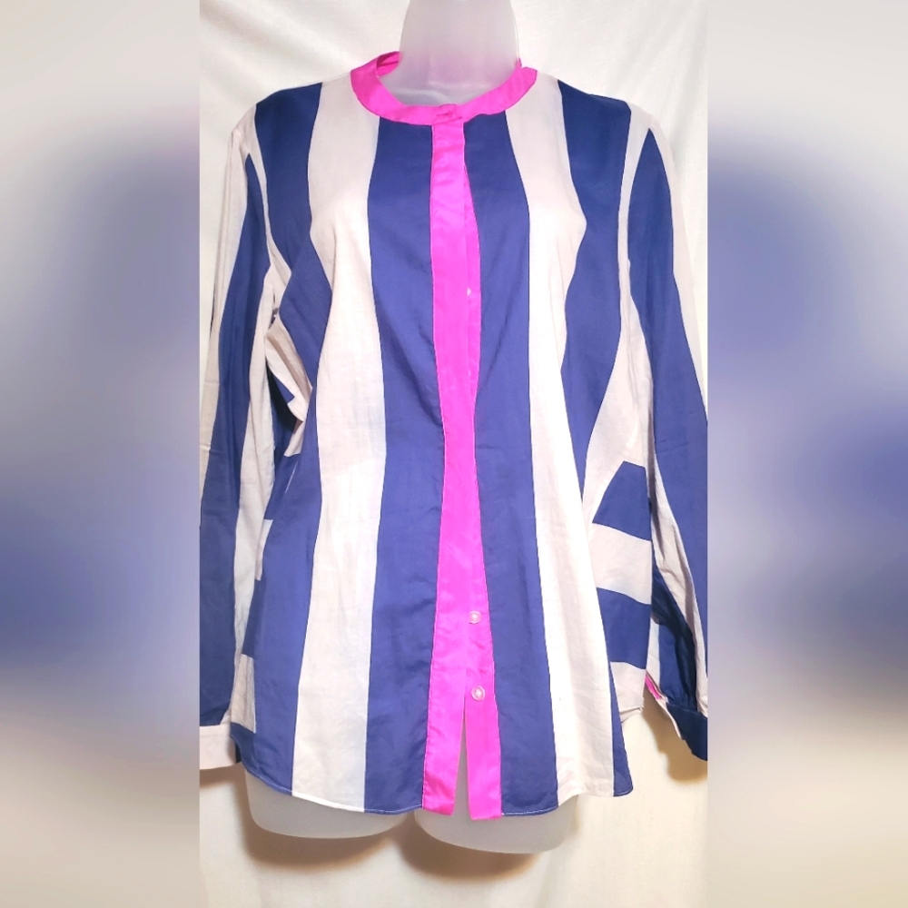 100% Silk & cotton blue and off-white striped button down blouse- Saks 5th Ave